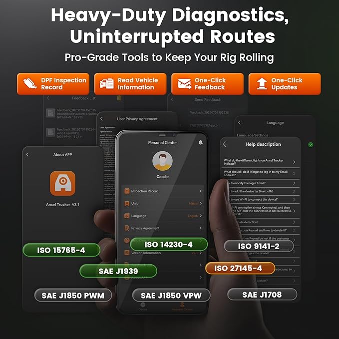 ANCEL HD120 Heavy Duty Truck Scanner with DPF Regen for Volvo & International MaxxForce Engine, Full-System HDOBD & OBD2 Diesel Truck Diagnostic Tool, Lifetime Free Updates