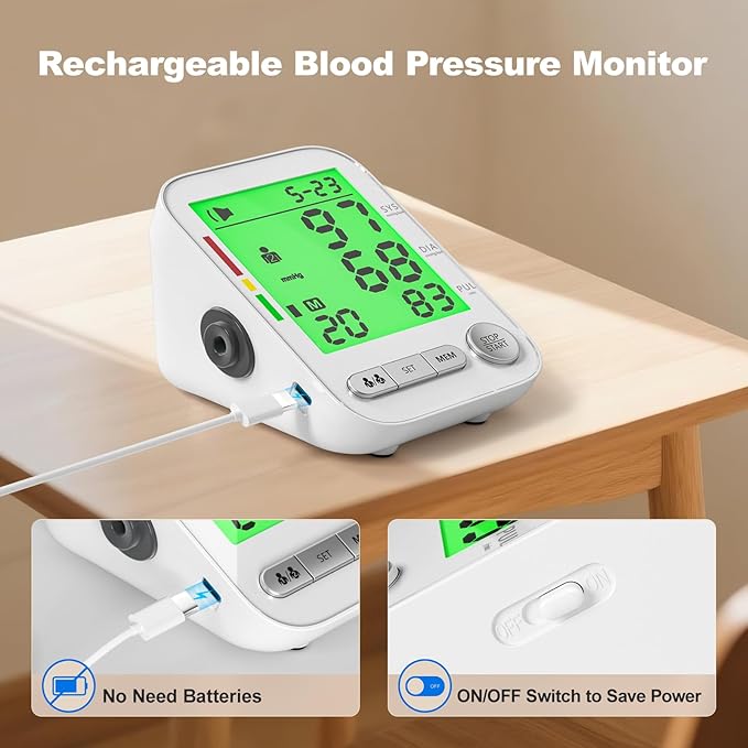 Blood Pressure Monitor for Home Use, Rechargeable Automatic Digital BP Machine with 2 Cuffs (9-17'' & 13-21''), Adjustable Upper-Arm Blood Pressure Cuff, Large LCD Backlit Display, 2x199 Sets Memory