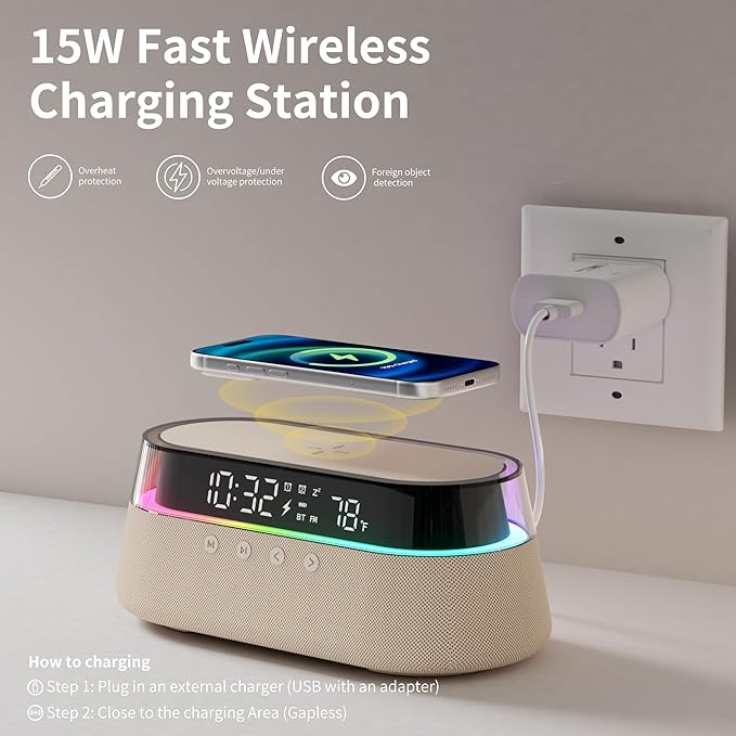 KUANGXIANG 6-in-1 Bluetooth Speaker Alarm Clock with Remote, 15W Fast Wireless Charger, FM Radio & Dimmable LED Night Light, Dual Digital Clock for Bedroom Home Office, Ideal for Him, Men Women