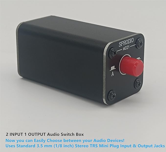 SPRODIO 2 Port Stereo 3.5mm Audio switcher selector Box Passive 1/8 TRS A/B Switch with Ground Switching MD21