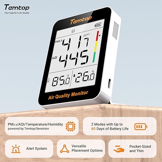 Temtop Air Quality Monitor Indoor Thermo-Hygrometer - PM2.5, AQI, Temperature, and Humidity Meter for Home, Office, or School, Air Quality Measurement, 60-Day Battery Life, S1 UP, 10-Pack