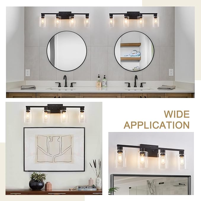 SOPEAS 4 Light Bathroom Vanity Light Fixtures, Black Farmhouse Bathroom Vanity Light with Clear Glass Shade, Bathroom Lighting Fixtures Over Mirror, Vanity Lights for Bathroom Mirror