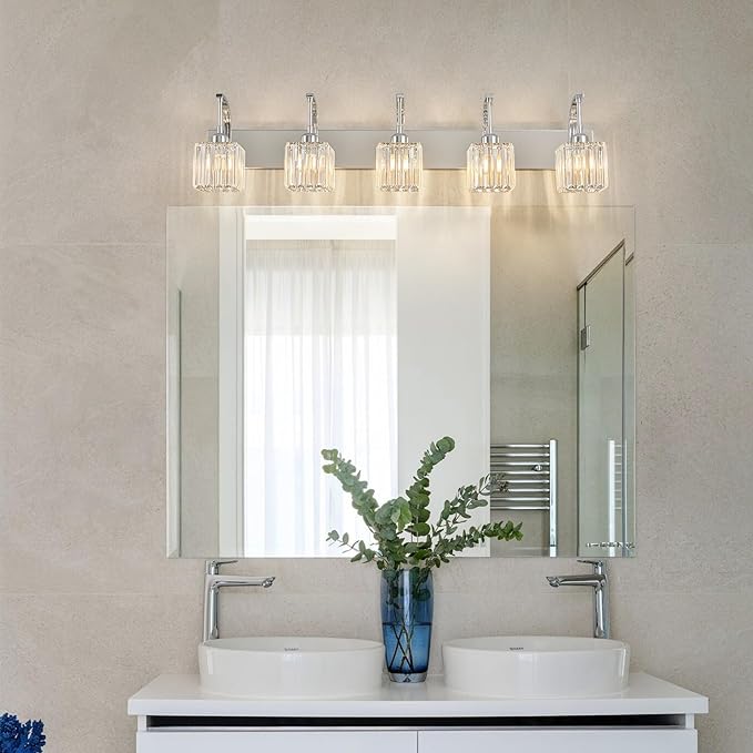 FDPBY Crystal Vanity Lights 5-Light Chrome Bathroom Vanity Lights Modern Crystal Bathroom Light Fixtures Over Mirror 42.51" Long Vanity Light for Bathroom