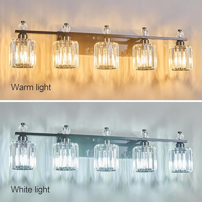 FDPBY Bathroom Vanity Lights 5-Light Plating Black Modern Crystal Vanity Light Fixtures Over Mirror Crystal Bathroom Vanity Lighting Fixtures