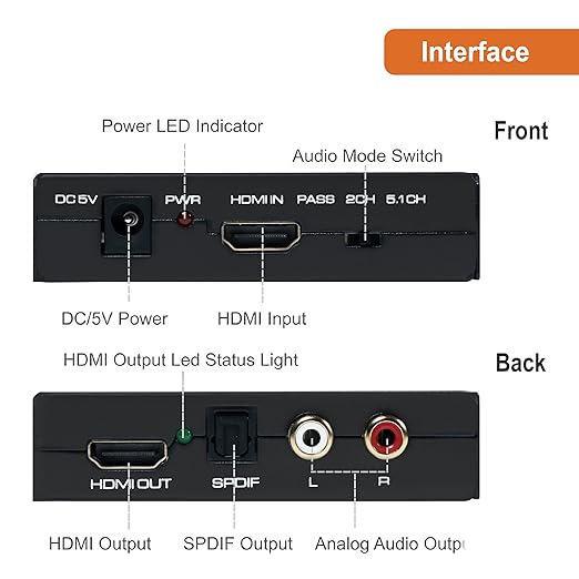 J-Tech Digital Premium Quality 1080P HDMI To HDMI + Audio (SPDIF + RCA Stereo) Audio Extractor Converter (JTDAT5CH)