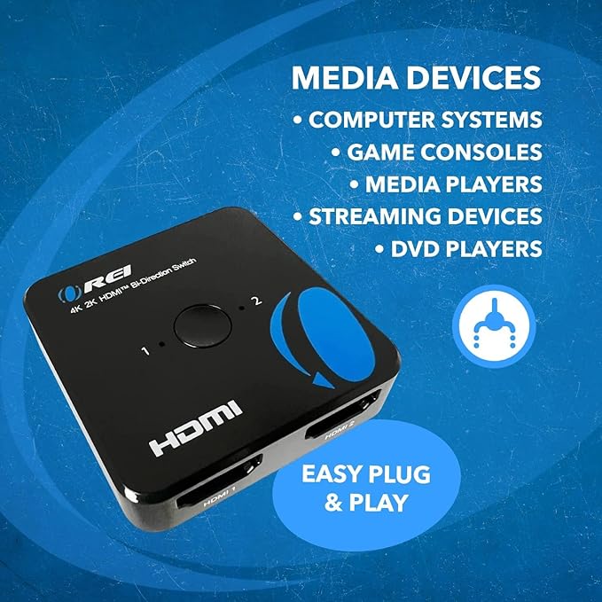 OREI HDMI Switch 4K HDMI Splitter - 2x1 Bi Directional - 4:4:4 8-bit - HDMI 2.0, HDCP 2.2, 18 Gbps, 4K @ 60Hz HDMI UltaHD High Resolution Switch Between 2 Inputs or Toggle Displays (UHDS-212)
