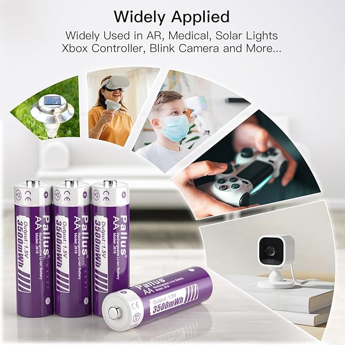 Pallus Rechargeable Lithium AA Batteries - 8 Pack 1.5v 3500mWh AA Rechargeable Batteries with LCD Charger for Outdoor Blink Camera, Fast Charging, Long Lasting, Low Battery Alarmc, Cycles 1600x