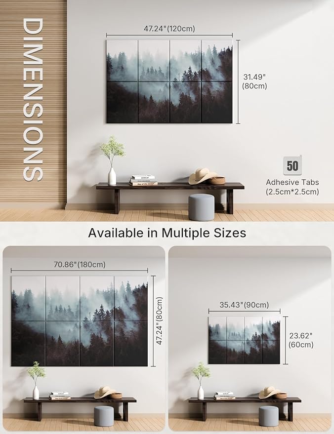 Wall Art Acoustic Panels,47''X31''Sound Absorbing Panels-8-Pack with 50 Adhesive Tabs, Panels for Living Room and Recording Studio, Offices-Foggy Nature Forest