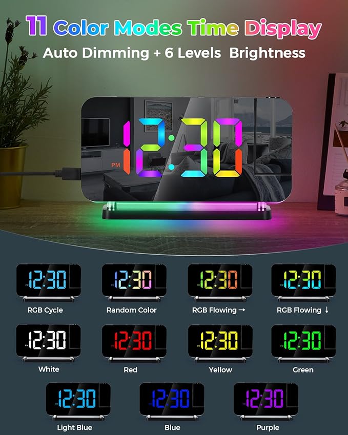SZELAM Projection Alarm Clock, 7.4 in Digital Mirror Clocks,with 180° Rotatable Projector, RGB Night Light,USB C Charger Port, Auto Dimmer, LED Desk Clock for Bedroom - Black