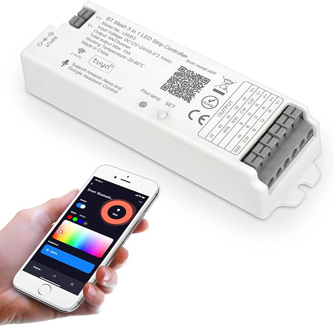 XXK LM053 Bluetooth Mesh 4.2 LED Strip Controller RGB CCT RGBW 5in1 Dimmable Compatible with Smart Life APP/Alexa Echo/Google Assistant Home/Siri, DC12-24V Lights Controller