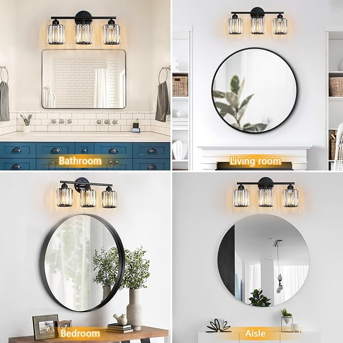 FDPBY Modern 3 Light Crystal Vanity Light, Plating Black Vertical Bathroom Light Fixture Over Mirror for Dressing Table Sink, Compatible with Dimmable Bulbs (Bulbs Not Included)