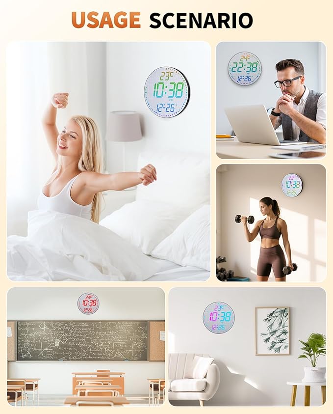 GLOKUUCA 12" Large Digital Wall Mount Clock, Count Down Timer, Alarm, Big LED, 12 RGB Color, Temperature for Living Room Classroom Desk, Xmas, Birthday Gift for Senior Mom (Fabric Elements)