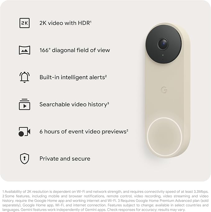 Google Nest Doorbell (Wired, 3rd Gen) - 2K Video and Gemini, Live View, Night Vision, 2-Way Audio - Works with Google Home - 2025 Model - Linen
