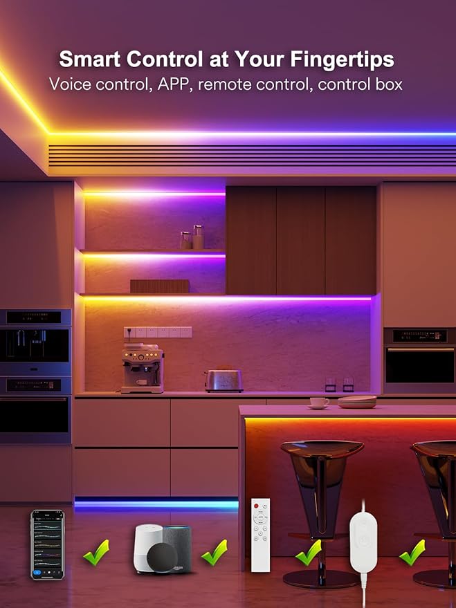 Smart LED Strip Lights with Covers 16.4ft, ‎RGB+WW+CW Strip Light Compatible with Alexa, Cove Lighting with Diffuser Channel, Decor for Under Cabinet, Skirting Lines, Bedroom, Studio