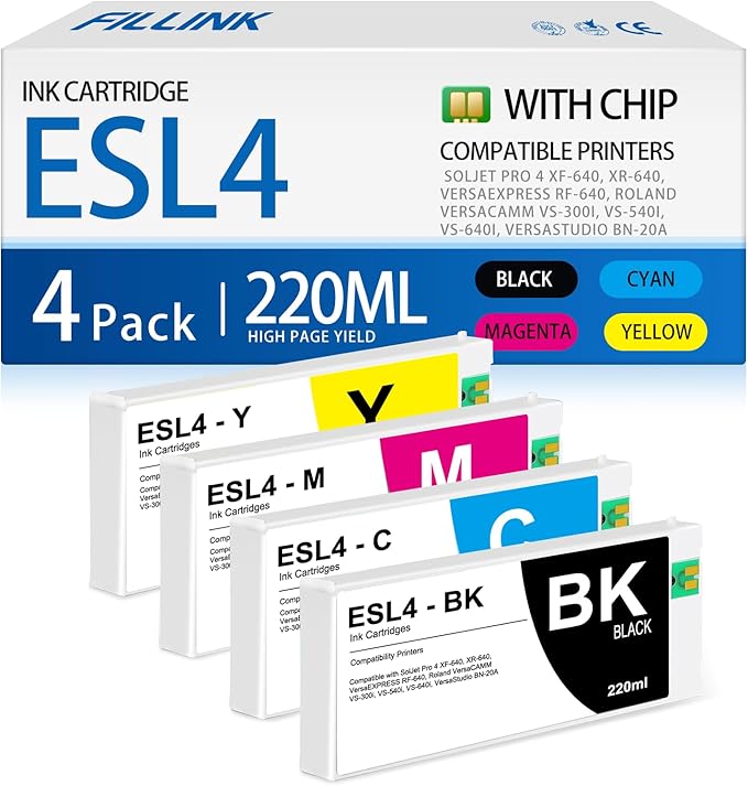 FILLINK ESL4 Ink cartridges 220ml Compatible for Roland Eco-Sol MAX2 MAX 2 ESL4 Ink Cartridge for RF-640 VS-300i VS-540i VS-640i XF-640 XR-640 Printer (1BK,1C,1M,1Y-4pk 220ml)