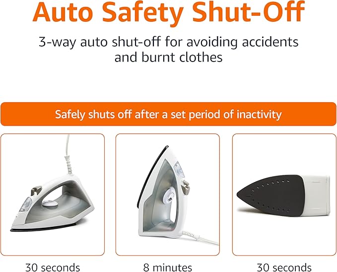 Amazon Basics 1200W 10” Steam Iron, With Non-Stick Teflon Soleplate, 5 Fl Oz Water Tank (150 ML), Auto Shut-Off, Anti-Drip, Anti-Calcification, Thermostat, 6.5Ft Cord, Gray