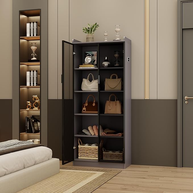 Dystler 65" Tall Display Cabinet with Doors, Lighted Bookcase with Lights/Human Sensor, 5 Tier Display Case with Adjustable Shelves for Collectibles Bedroom Living Room Office, Grey-Smoked Black Door