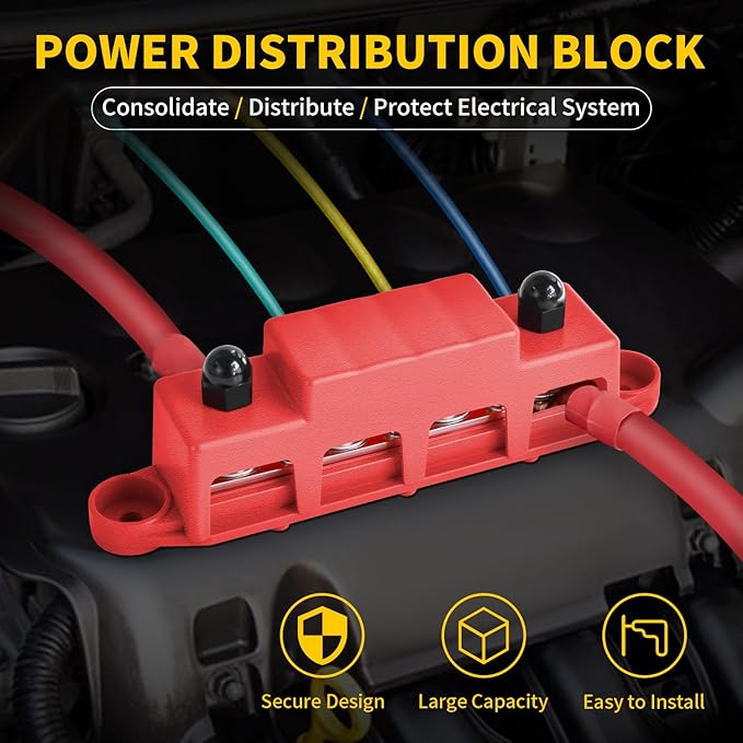 Bolipoeq Bus Bar 250A 12V Power Distribution Block 4 x 5/16"(M8) Studs for Automotive Marine Car Audio, 12 Volt Battery Busbar Terminal Block with Waterproof Cover (Pack of 2, Positive & Negative)