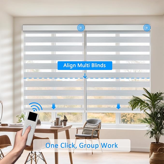 COOLWINDS Motorized Zebra Blinds for Windows Cordless Electric Curtains with Remote Control Blackout Shades Custom Smart Blinds Compatible with Alexa Google Home(95% Blackout Grey,W48 X 72in)