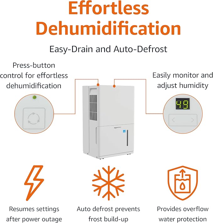 Amazon Basics Dehumidifier, 35-Pint, Energy Star Certified, for Basement, Bathroom and Other Rooms Up to 2500 SFT, with Timer, auto-defrost, Overflow Protection, White