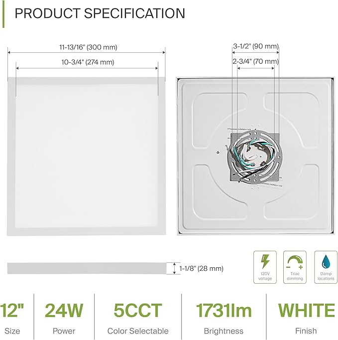ASD LED 12" Square Flush Mount Ceiling Light Fixture, Low Profile Surface Lighting | 5CCT, Dimmable, Ultra-Thin, ETL Listed | 24W 1700LM 2700-6000K 120V | Kitchen, Bedroom Lamp | White, 12 Pack