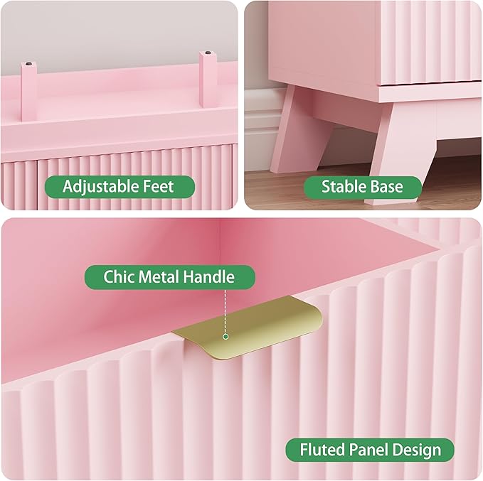 Xixini Fluted Dresser for Bedroom with 9 Drawers, 57" Wide Modern Chest of Drawers with Metal Handle, Wooden Dresser TV Stand, Wood Closet Clothes Storage Organizer for Living Room, Hallway, Pink