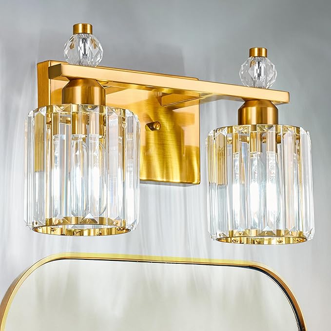 FDPBY Bathroom Vanity Lights 2-Light Gold Modern Crystal Vanity Light Fixtures Over Mirror Crystal Bathroom Vanity Lighting Fixtures