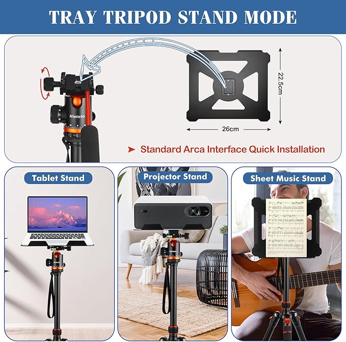 Nietoto Camera Tripods & Projector Stand, 2 in1 Tripod for Camera with Removable Metal Tray, Heavy Duty Tripod for DSLR. Projector. Sheet Music and Tablet, Extra Metal Spikes and Carry Bag