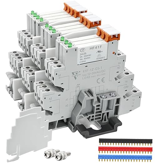 UL Listed 10Pcs Miniature Din Rail Relay 24V Black 24VDC ans 24VAC, 6Amp SPDT with LED Indicator, Socket Base, Jumper, Fixing Clip, Separator