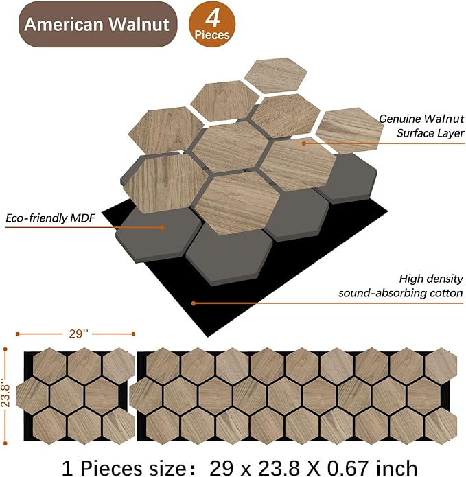 ARMURO Wall Paneling for Interior Wall - 4 PCS Hexagon Wall Panels - Hexagon Acoustic Panels - Natural Walnut Wood Veneer Sound Proof Panels for Walls, Wood Slat Wall Panel 23.8" W x 29" L
