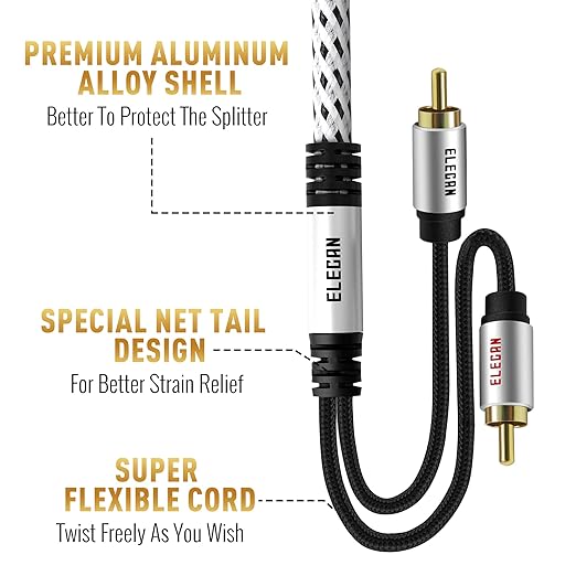 Elecan Premium RCA Cable 50 Ft (Hi-Fi Sound-16 AWG-Shielded) 2 RCA Male to 2 RCA Male Stereo Audio Cable, Gold Plated-Aluminum Alloy Shell-Pure Copper-Braided RCA Cord for Home Theater Speakers + Ties