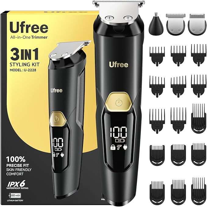 Ufree 3-in-1 Beard Trimmer Kit, Men's Electric Razor Shaver for Mustache, Professional Hair Trimmer, Type-C Rechargeable Clippers, Waterproof Body Grooming, Birthday Valentines Gifts for Him
