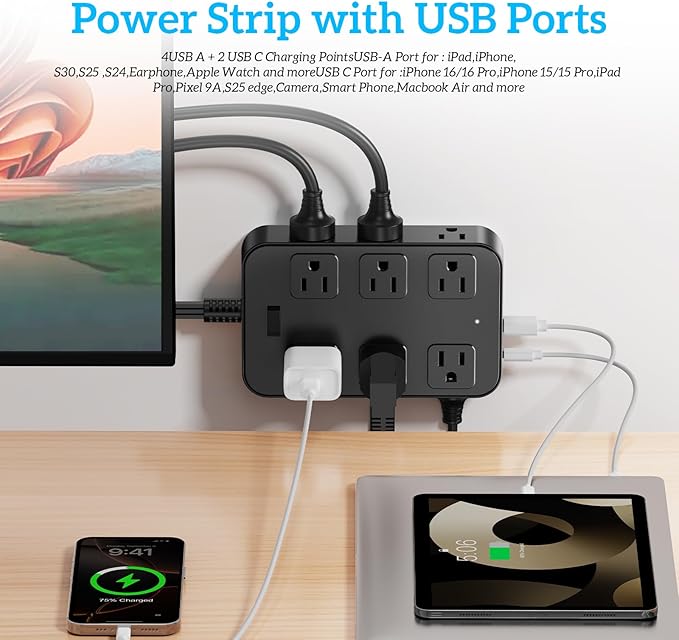 Solidock Flat Plug Power Strip Surge Protector 5 Ft Extension Cord with 12 AC Outlets 6 USB Ports 3 Side Multi Plug Outlet Extender Home Office Kitchen Dorm Room Wall Desk Charging Station ETL Listed
