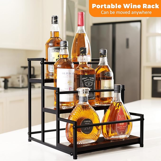 STAEVER Coffee Syrup Rack - 3-Tier 12 Syrup Bottles Holder - Liquor Bottle Display Shelf - Kitchen Cabinet Organizer for Jars, Condiments - Wooden Countertop Organizer for Seasonings, Tea, or Coffee