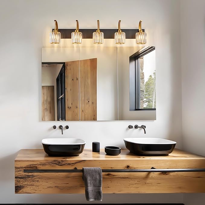 FDPBY 5-Light Crystal Vanity Light, Modern Black Gold Bathroom Wall Sconce with K9 Crystal Shades, 42.51" Long Over Mirror Lighting for Vanity, Makeup, Hallway, Elegant & Easy Installation