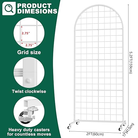 Asee'm Grid Wall Panels Display Stand 2' x 5.2' FT White Movable Wire Grid Wall Display Rack Heavy Floorstanding Detachable Girdwall Panel with T-Base for Craft Show Rack, Retail Displays 1PCS