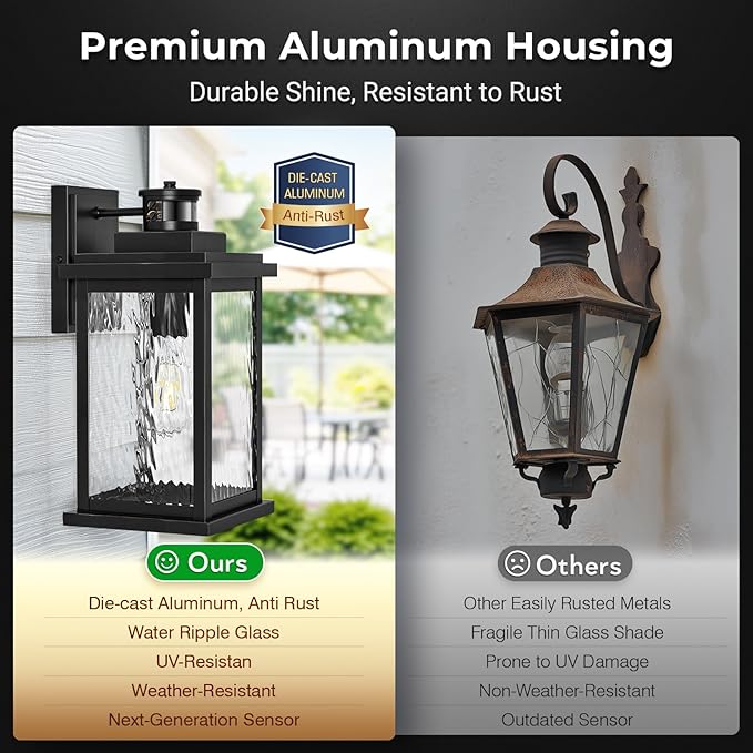 VIANIS 2 Pack Large Advanced Motion Sensor Outdoor Lights, Black Easy-to-Install Dusk to Dawn Outdoor Wall Lights, Aluminum Waterproof Porch Light with Water Glass for Porch, Garden, Front Door