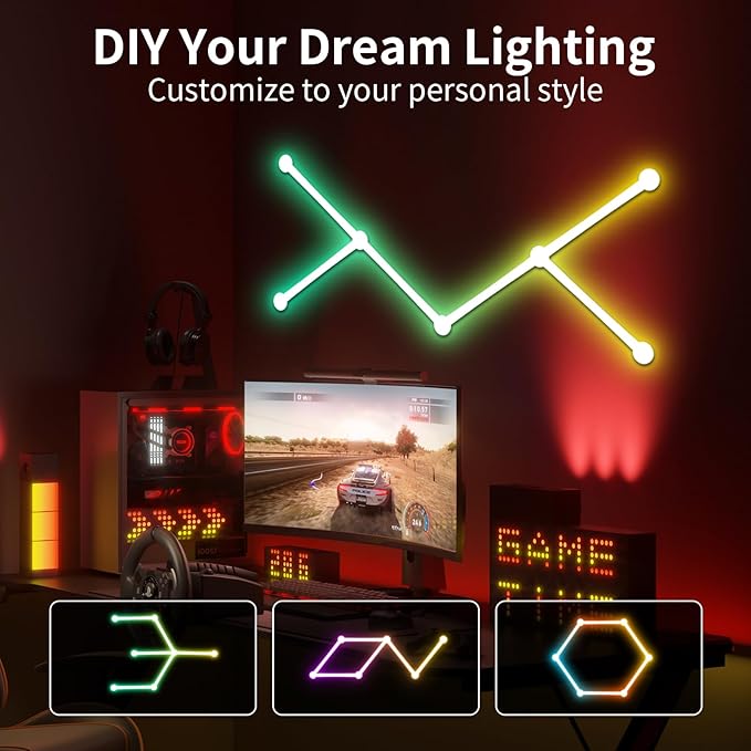 Phylosal Smart WiFi LED Wall Lights, 16M+ Color Dimmable Gaming Light Works with Alexa and Google Assistant, Music Sync, DIY and Timer Feature, RGB Light Bars for Gaming Room, Bedroom (6 Pcs,White)