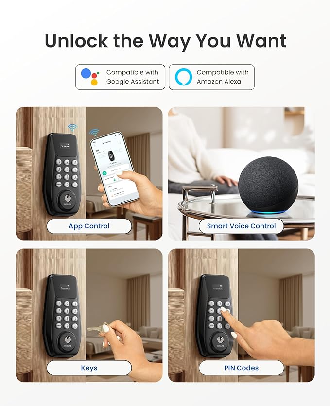 DESLOC C100 Plus Built-in WiFi Smart Lock, Keyless Entry Door Lock with Display, Keypad Deadbolt for Front Door, App Remote Control, Anti-Peeping Password, BHMA Grade 3, Black