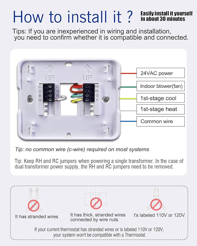 Aowel Non Programmable Thermostat for Home 1 Heat/ 1 Cool Single-Stage System, with Room Temperature Monitor (LCD White Backlit Screen)