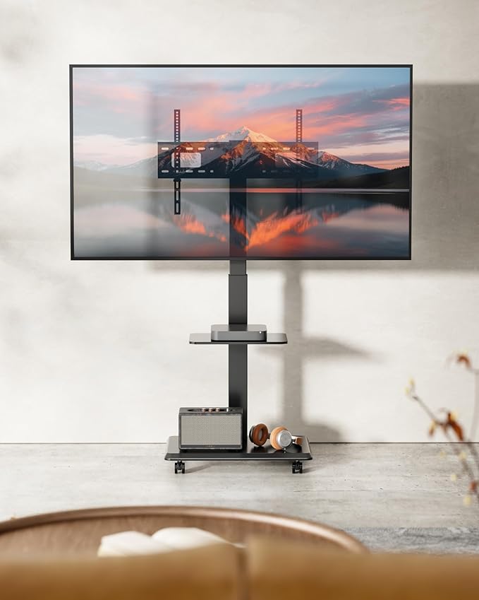 ECOTINY Steel Base Rolling TV Stand for 32-75 inch TVs up to 110 lbs, Leveling & Tilt & Swivel Mobile TV Stand with Hidden Wire Management, Height Adjustable Portable Tv Stand with Steel Shelf, Black