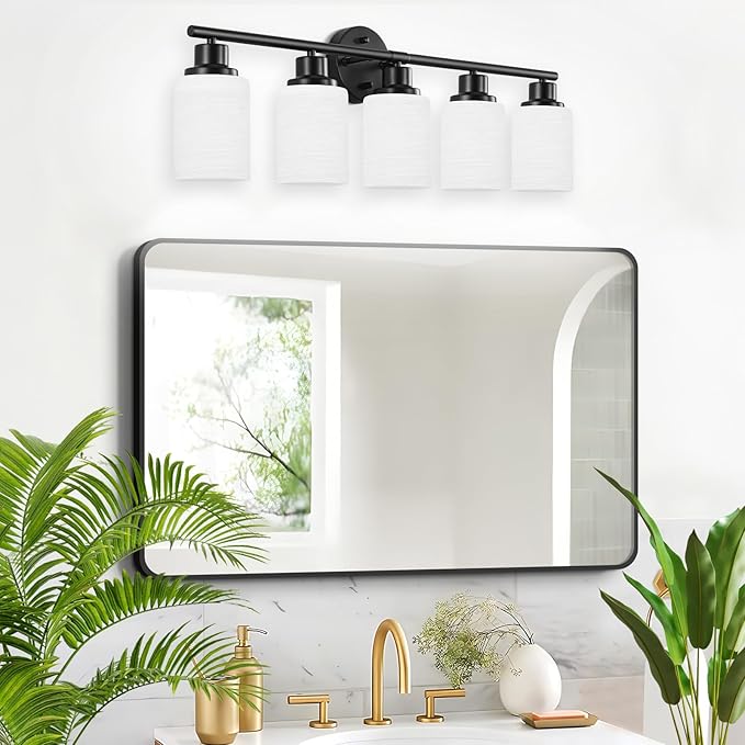 Guliaofo 5-Light Bathroom Light Fixtures, E26 Base Vanity Lights for Mirror with Textured Milky White Glass Shade, Modern Kitchen Light Fixtures Wall Sconce Light - Black