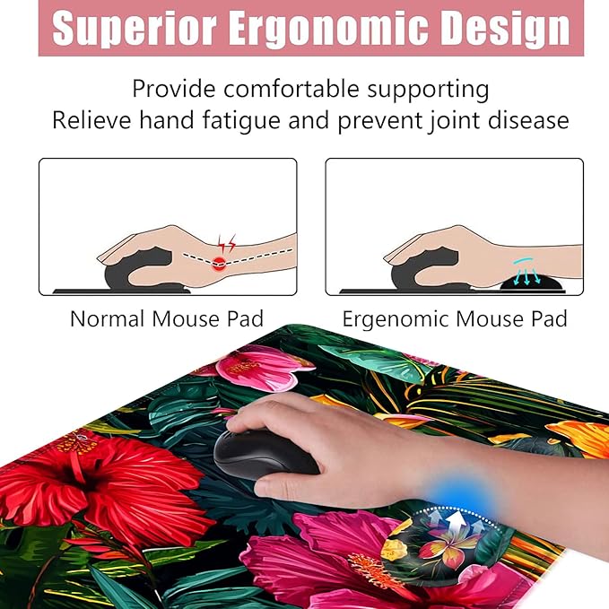BFUKVOU Large Keyboard Mouse Pad Set, Extended Mouse Pad+Keyboard Wrist Rest Support, Memory Foam Ergonomic Easy Typing, 4Pcs (31.5×11.8 in) Desk Pad Set for Office Home,Vibrant Tropical Flower
