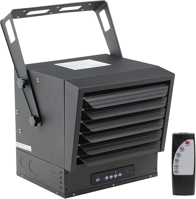 Comfort Zone 10,000W Hard-Wired Garage Heater – Industrial & Commercial Ceiling Mount, 240V Fan-Forced Heater with Remote, Digital Thermostat, Timer, 2 Heat Settings, Overheat Protection, Black