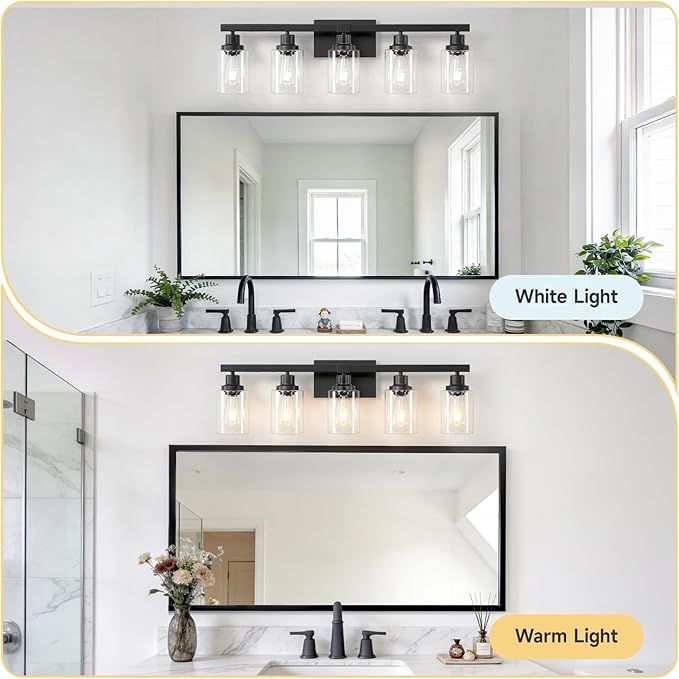 DIKAIDA 5-Light Black Bathroom Vanity Light, Modern Vanity Lighting Fixture for Bathroom, 31" Matte Light Fixture, Wall Sconces with Clear Glass Shade, Black Bathroom Wall Light Over Mirror