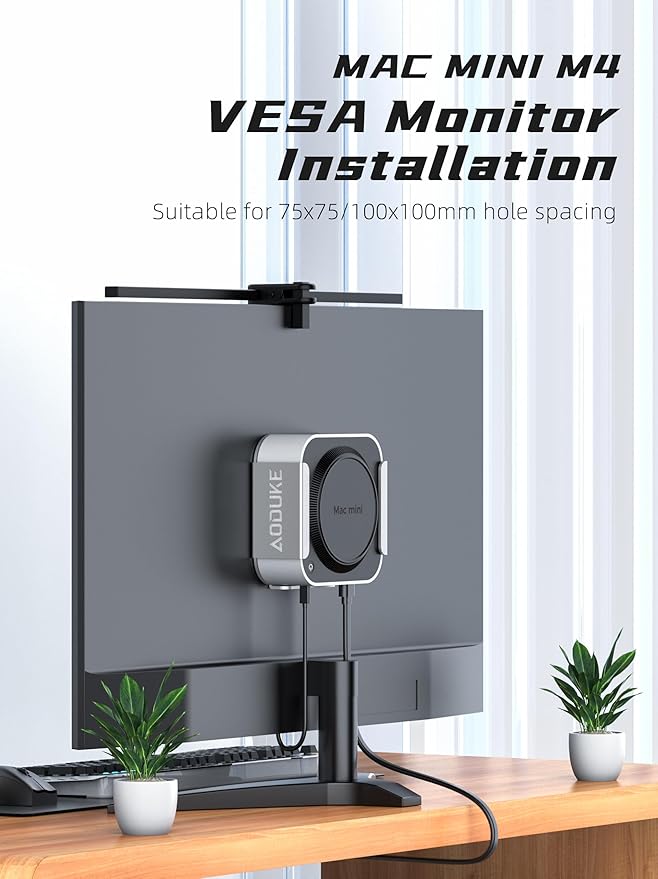 AODUKE Aluminum Alloy Mac mini M4 Under Table Bracket, 2024 Mac mini M4 Pro Wall Mount Stand, Hanging Rack Compatible with VESA Hole Monitor Mount or Plaster Wall, Dock Accessories-AJM4-BS