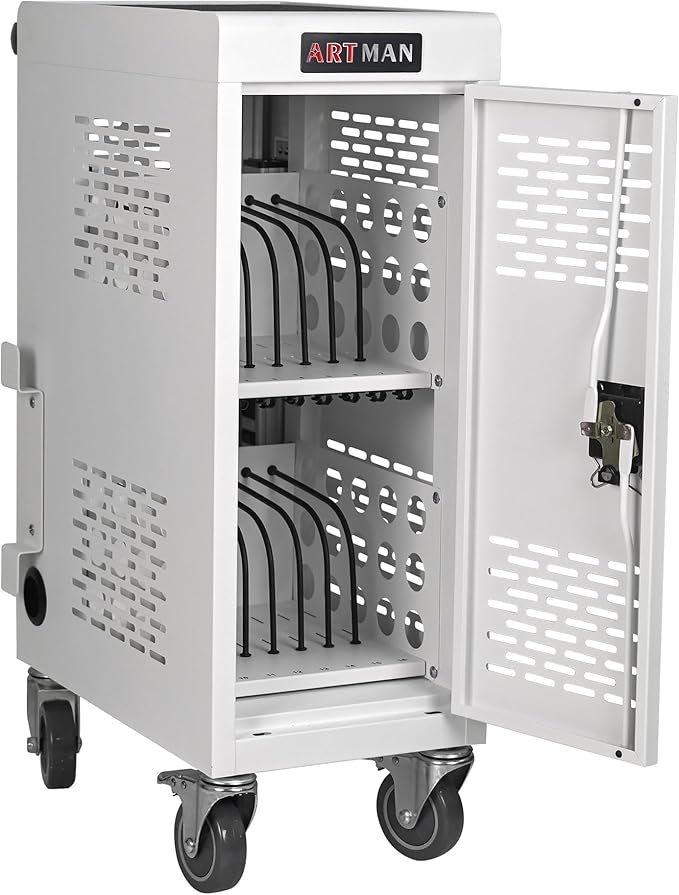 Aokleo Laptop Charging Cart,16 Devices Tablet Storage Carts for pad Up to 16.3" Screen Size, Classroom Computer Mobile Charging Station for Pads, Chromebooks,Laptops, Security Storage(16 Bay-White)