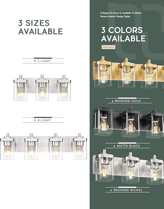 METWET Bathroom Light Fixtures, 3-Light Vanity Light with Square Clear Glass Shade, Brushed Nickel Modern Wall Sconces, Vanity Lighting Fixtures Over Mirror, VL194-BN-3