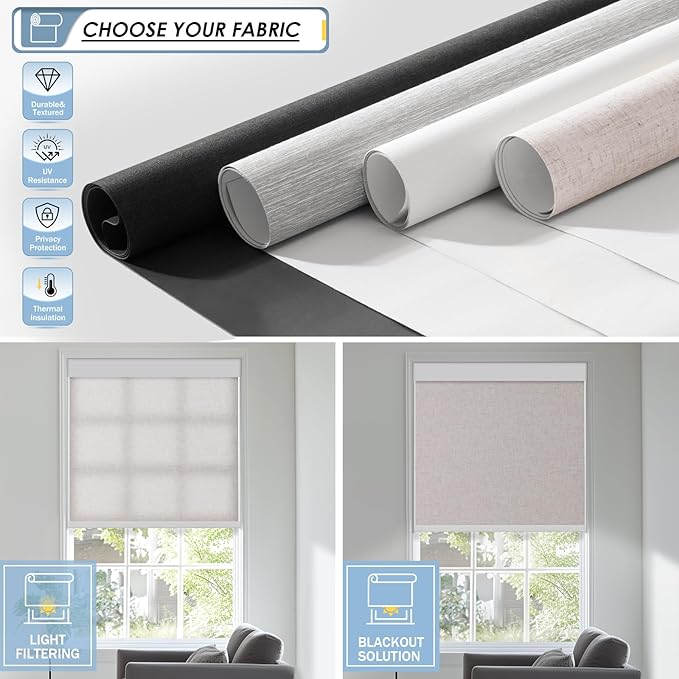 MANSNIX Motorized Blinds with Remote, No Drill No Tools Automatic Roller Shades, Blackout Electric Blind for Indoor Windows, Light-Filtering Smart Blinds, Rechargeable, Customized Size Color