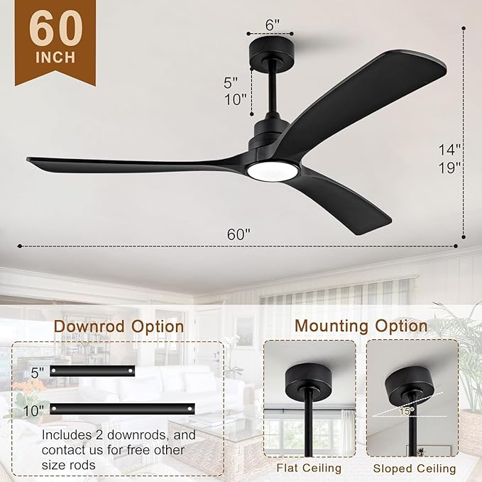 Gaizw Ceiling Fans with Lights, 60 Inch Ceiling Fan with Light and Remote Control, Quiet DC Motor 3 Blade Ceiling Fan for Farmhouse Living Room Bedroom Office Indoor Outdoor(Black Fan)
